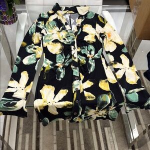 Free People Yellow Cream Graphic Long Sleeve Button Down Shirt